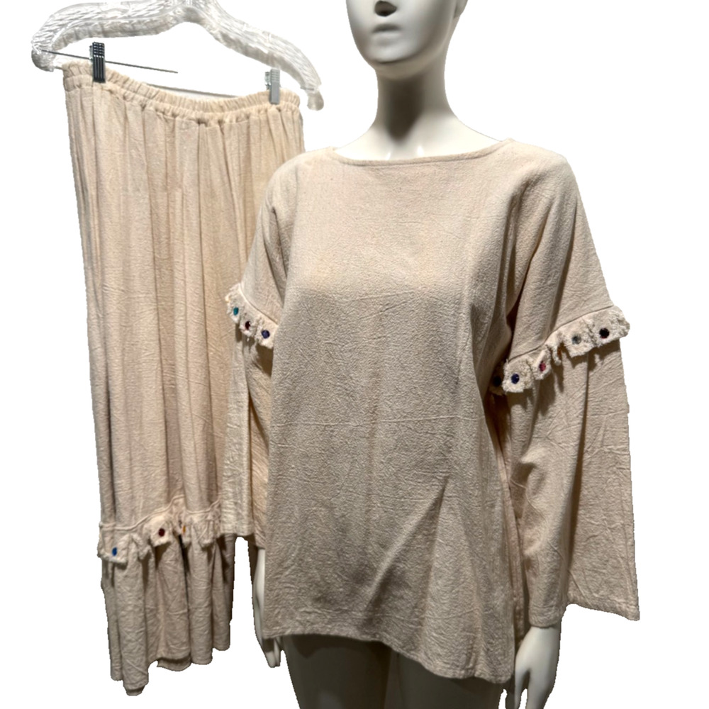 Vtg Alfredo's Wife 2 Pc Skirt Top Set Fringed Beaded Boho Hippie Festival XS/S